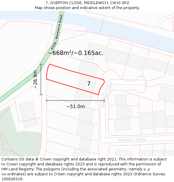 7, OVERTON CLOSE, MIDDLEWICH, CW10 0PZ: Plot and title map