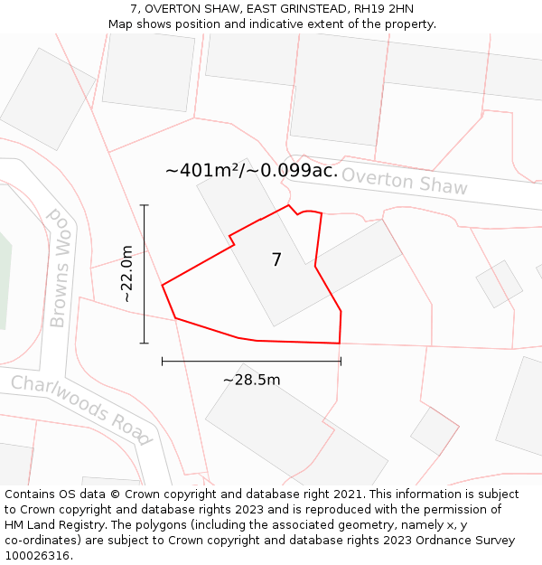 7, OVERTON SHAW, EAST GRINSTEAD, RH19 2HN: Plot and title map