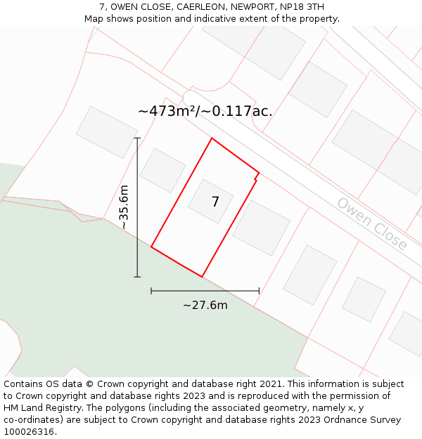 7, OWEN CLOSE, CAERLEON, NEWPORT, NP18 3TH: Plot and title map