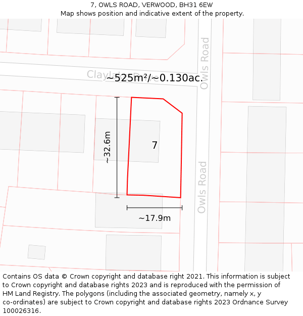 7, OWLS ROAD, VERWOOD, BH31 6EW: Plot and title map