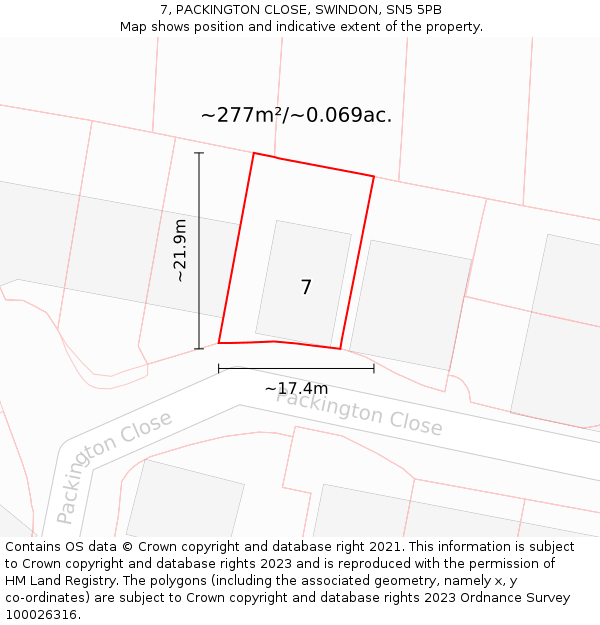 7, PACKINGTON CLOSE, SWINDON, SN5 5PB: Plot and title map