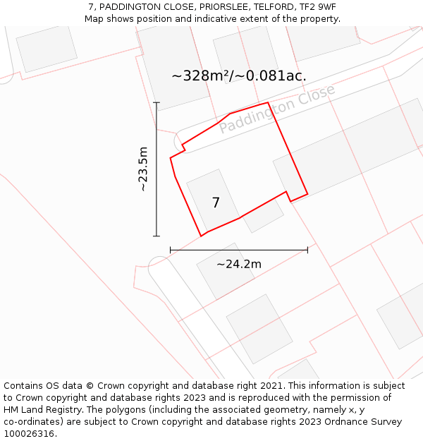 7, PADDINGTON CLOSE, PRIORSLEE, TELFORD, TF2 9WF: Plot and title map