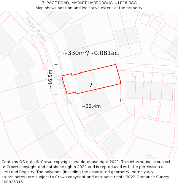 7, PAGE ROAD, MARKET HARBOROUGH, LE16 8GG: Plot and title map