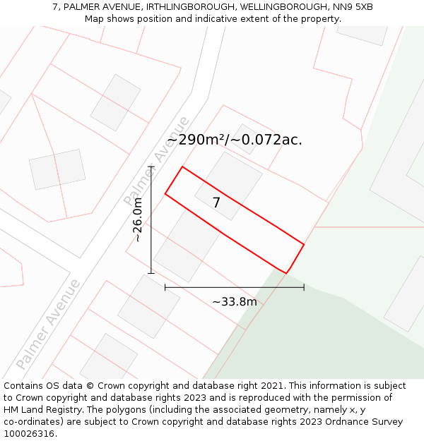 7, PALMER AVENUE, IRTHLINGBOROUGH, WELLINGBOROUGH, NN9 5XB: Plot and title map