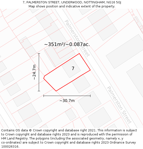 7, PALMERSTON STREET, UNDERWOOD, NOTTINGHAM, NG16 5GJ: Plot and title map