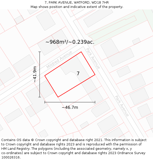 7, PARK AVENUE, WATFORD, WD18 7HR: Plot and title map