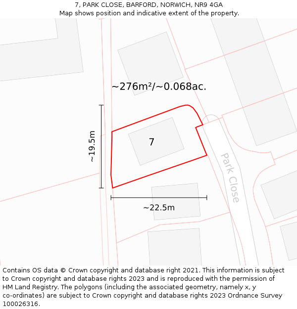 7, PARK CLOSE, BARFORD, NORWICH, NR9 4GA: Plot and title map