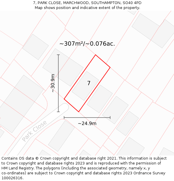 7, PARK CLOSE, MARCHWOOD, SOUTHAMPTON, SO40 4PD: Plot and title map