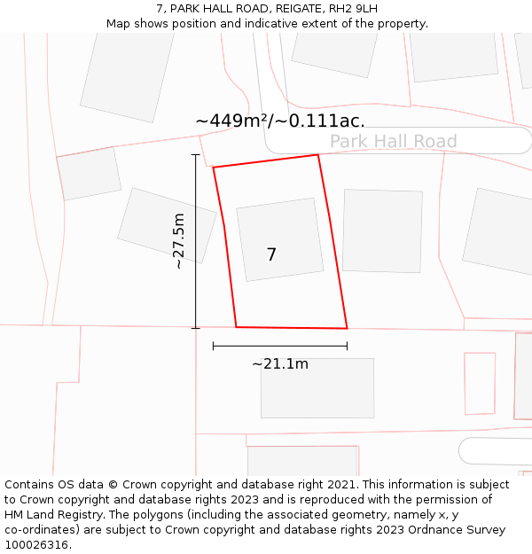 7, PARK HALL ROAD, REIGATE, RH2 9LH: Plot and title map