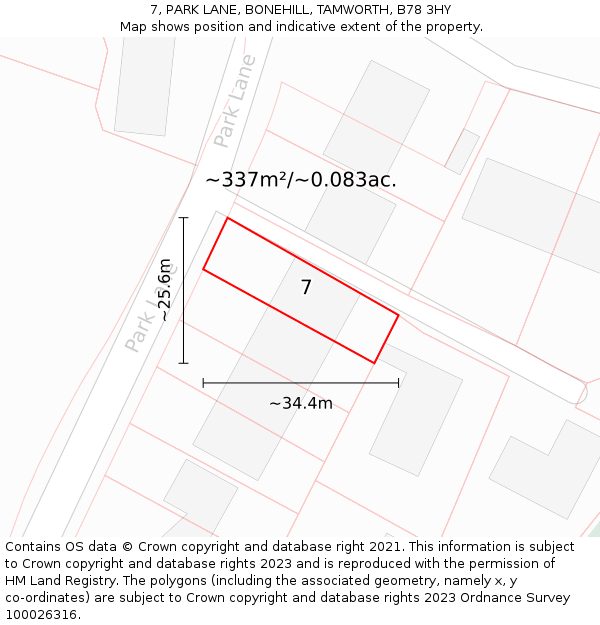 7, PARK LANE, BONEHILL, TAMWORTH, B78 3HY: Plot and title map