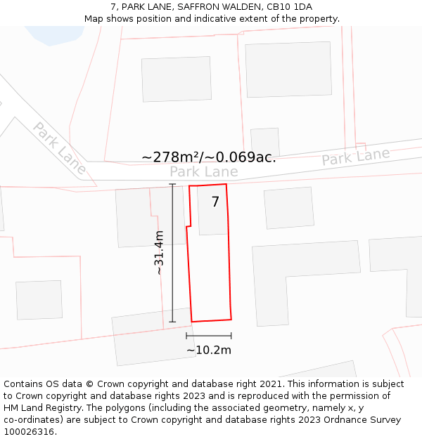 7, PARK LANE, SAFFRON WALDEN, CB10 1DA: Plot and title map