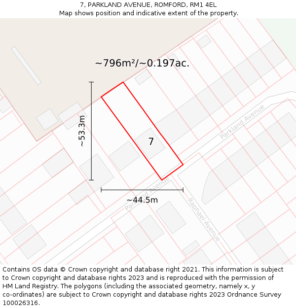 7, PARKLAND AVENUE, ROMFORD, RM1 4EL: Plot and title map