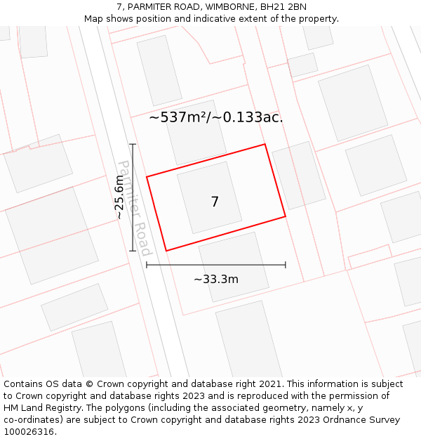 7, PARMITER ROAD, WIMBORNE, BH21 2BN: Plot and title map