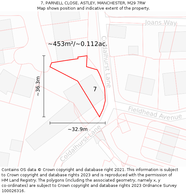 7, PARNELL CLOSE, ASTLEY, MANCHESTER, M29 7RW: Plot and title map