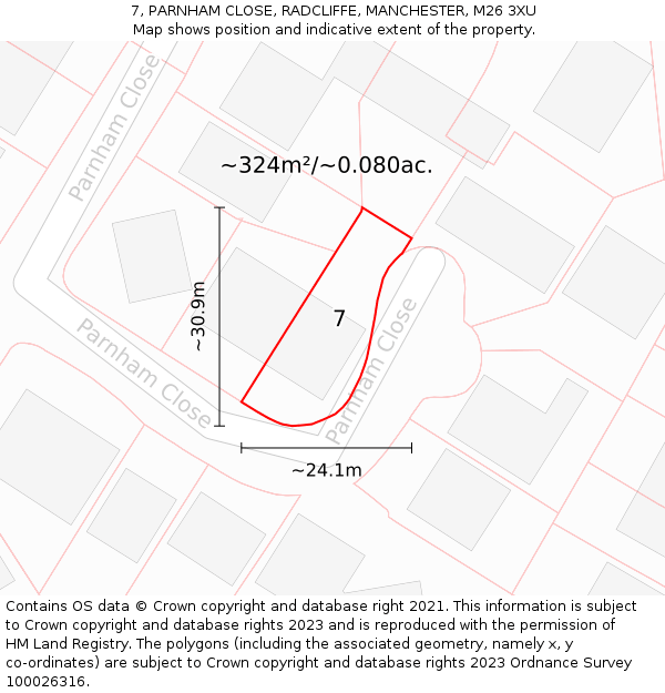 7, PARNHAM CLOSE, RADCLIFFE, MANCHESTER, M26 3XU: Plot and title map