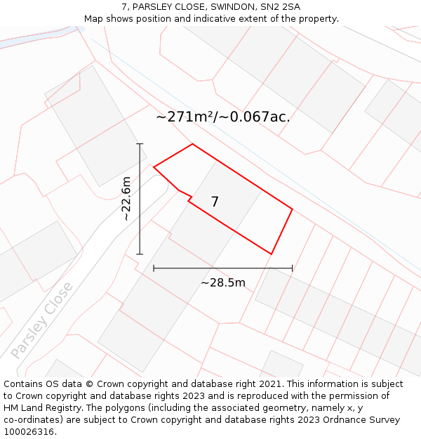 7, PARSLEY CLOSE, SWINDON, SN2 2SA: Plot and title map