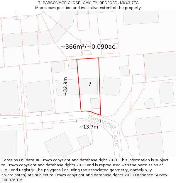 7, PARSONAGE CLOSE, OAKLEY, BEDFORD, MK43 7TG: Plot and title map