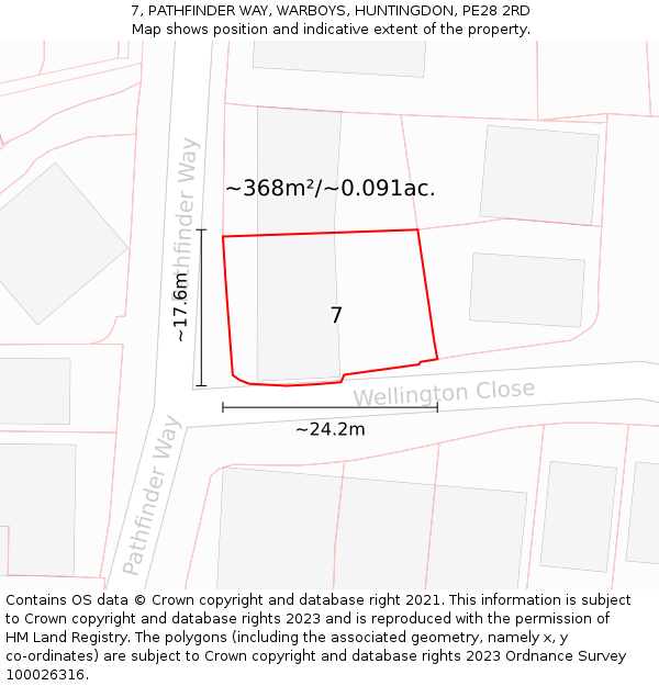 7, PATHFINDER WAY, WARBOYS, HUNTINGDON, PE28 2RD: Plot and title map