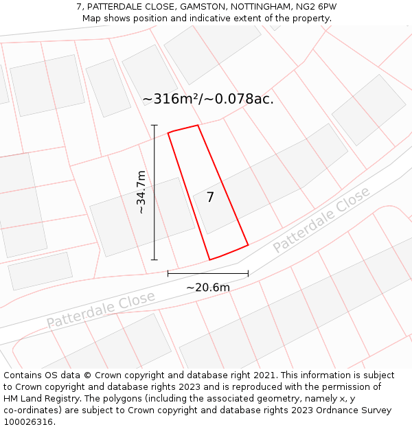 7, PATTERDALE CLOSE, GAMSTON, NOTTINGHAM, NG2 6PW: Plot and title map