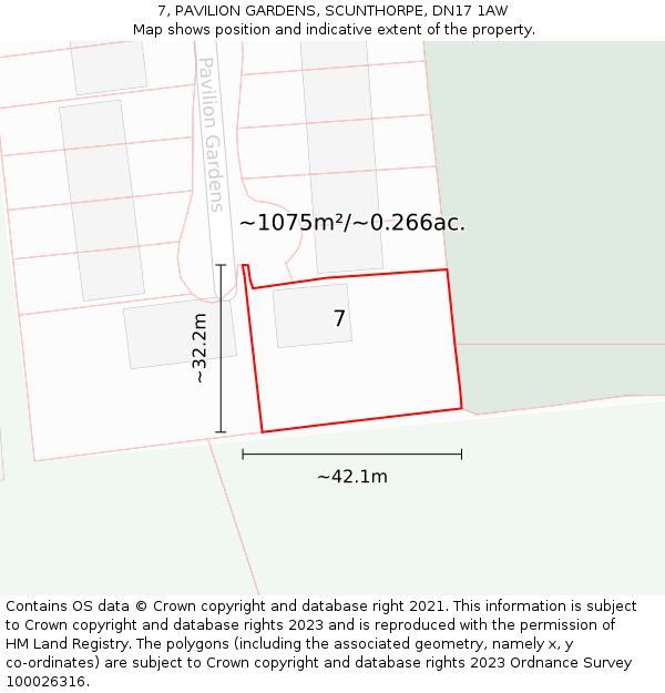 7, PAVILION GARDENS, SCUNTHORPE, DN17 1AW: Plot and title map