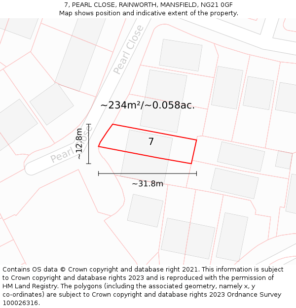 7, PEARL CLOSE, RAINWORTH, MANSFIELD, NG21 0GF: Plot and title map