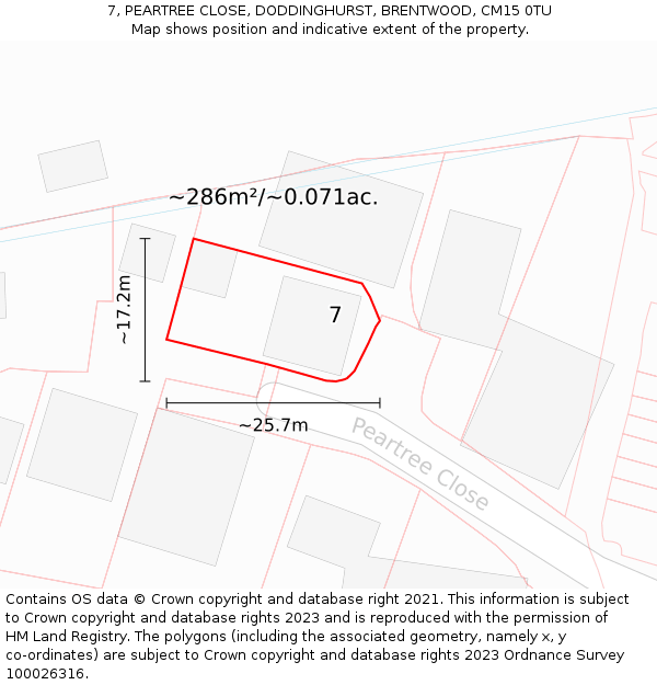 7, PEARTREE CLOSE, DODDINGHURST, BRENTWOOD, CM15 0TU: Plot and title map