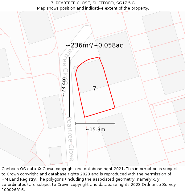 7, PEARTREE CLOSE, SHEFFORD, SG17 5JG: Plot and title map