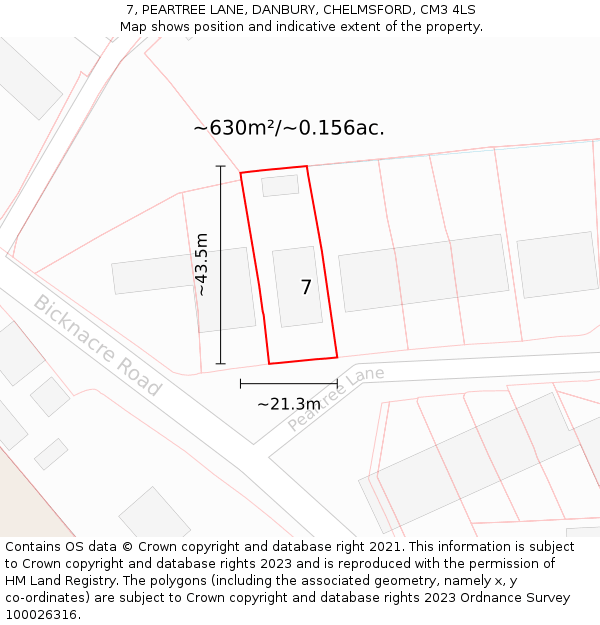 7, PEARTREE LANE, DANBURY, CHELMSFORD, CM3 4LS: Plot and title map