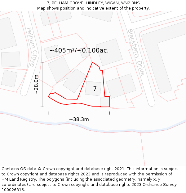 7, PELHAM GROVE, HINDLEY, WIGAN, WN2 3NS: Plot and title map