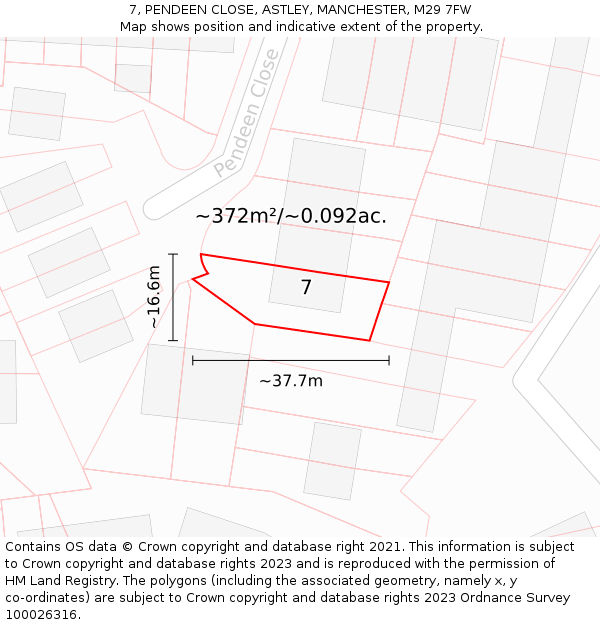 7, PENDEEN CLOSE, ASTLEY, MANCHESTER, M29 7FW: Plot and title map