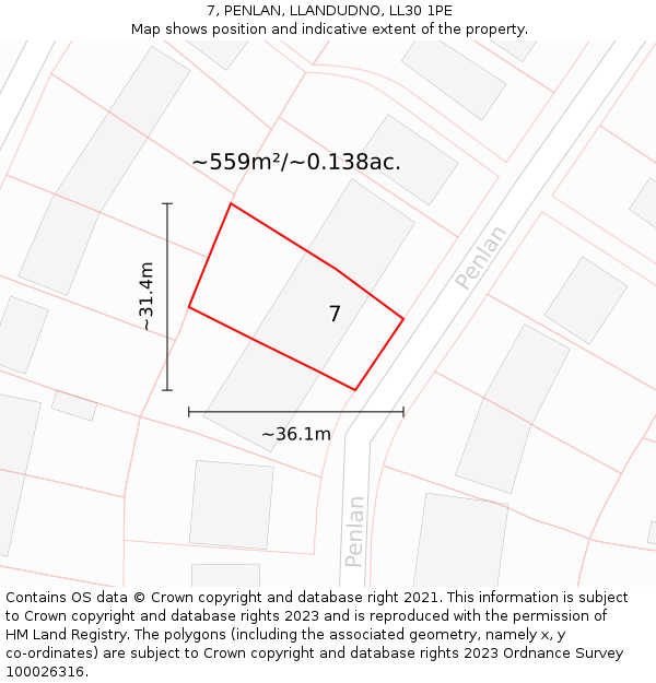 7, PENLAN, LLANDUDNO, LL30 1PE: Plot and title map