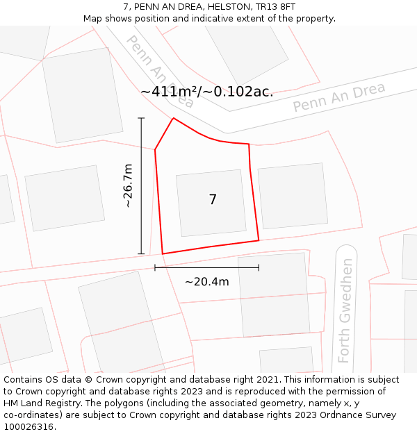 7, PENN AN DREA, HELSTON, TR13 8FT: Plot and title map