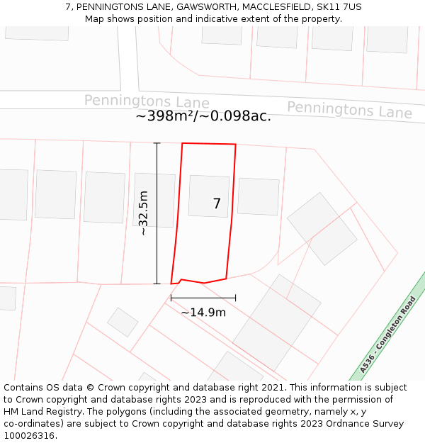 7, PENNINGTONS LANE, GAWSWORTH, MACCLESFIELD, SK11 7US: Plot and title map