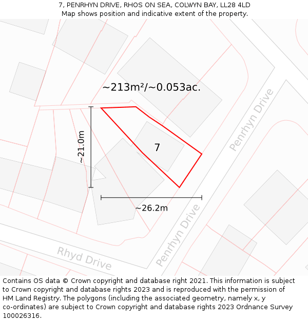 7, PENRHYN DRIVE, RHOS ON SEA, COLWYN BAY, LL28 4LD: Plot and title map