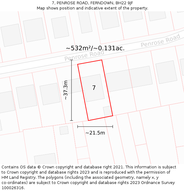 7, PENROSE ROAD, FERNDOWN, BH22 9JF: Plot and title map