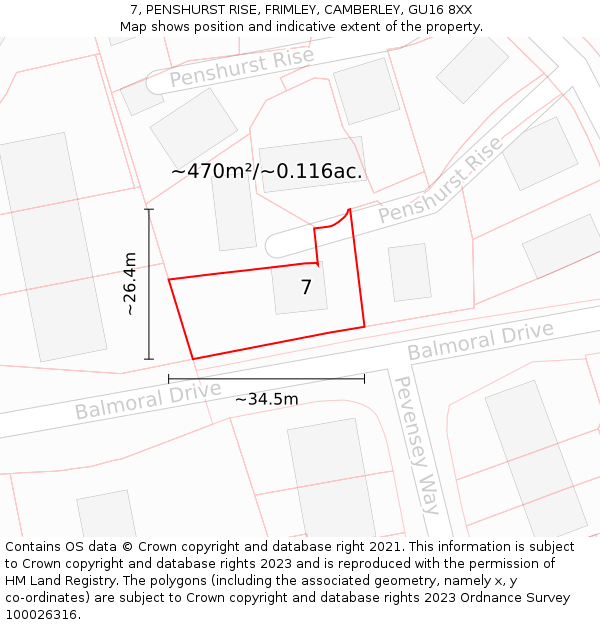 7, PENSHURST RISE, FRIMLEY, CAMBERLEY, GU16 8XX: Plot and title map