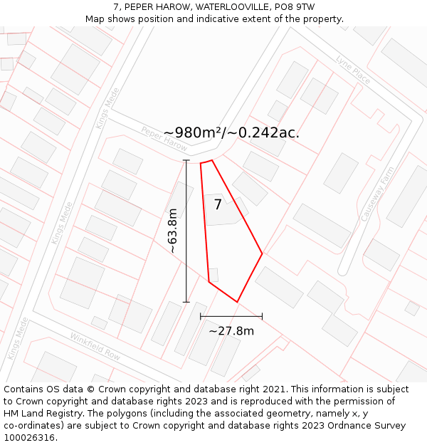 7, PEPER HAROW, WATERLOOVILLE, PO8 9TW: Plot and title map