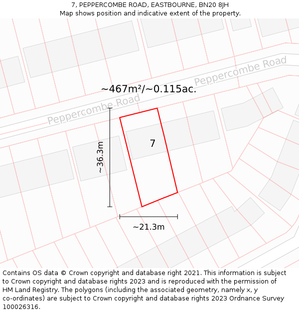 7, PEPPERCOMBE ROAD, EASTBOURNE, BN20 8JH: Plot and title map