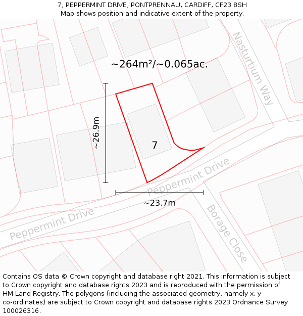 7, PEPPERMINT DRIVE, PONTPRENNAU, CARDIFF, CF23 8SH: Plot and title map