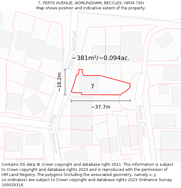7, PEPYS AVENUE, WORLINGHAM, BECCLES, NR34 7SH: Plot and title map