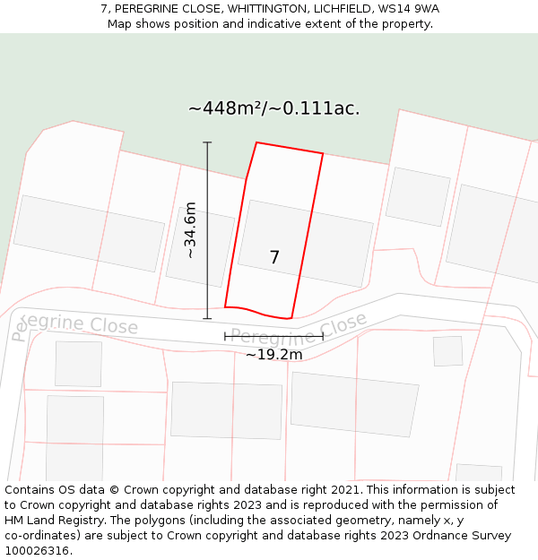 7, PEREGRINE CLOSE, WHITTINGTON, LICHFIELD, WS14 9WA: Plot and title map