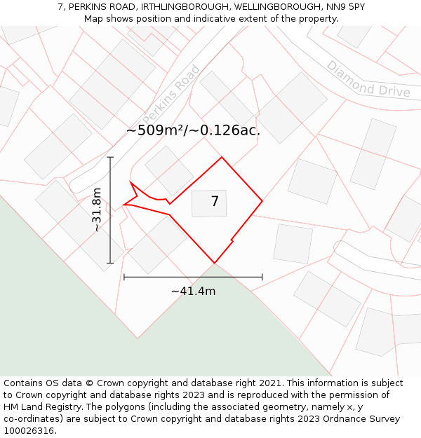 7, PERKINS ROAD, IRTHLINGBOROUGH, WELLINGBOROUGH, NN9 5PY: Plot and title map