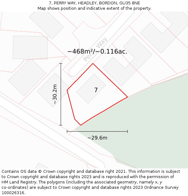 7, PERRY WAY, HEADLEY, BORDON, GU35 8NE: Plot and title map