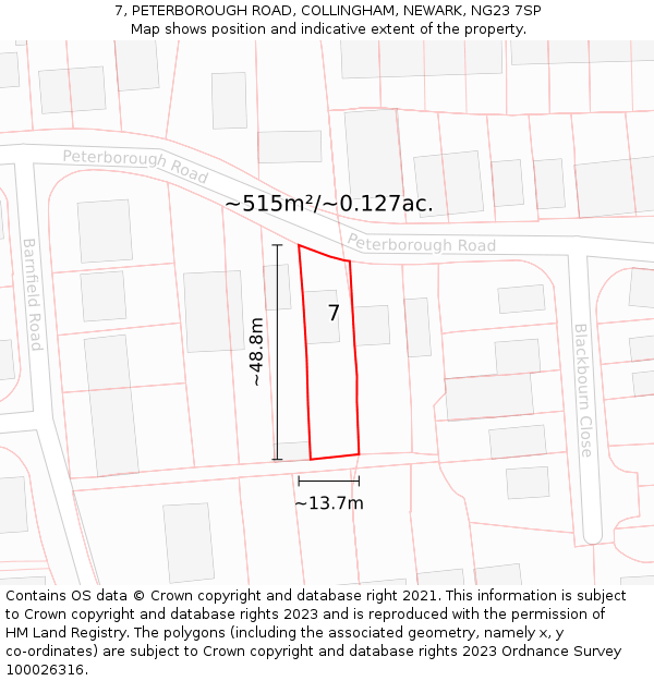 7, PETERBOROUGH ROAD, COLLINGHAM, NEWARK, NG23 7SP: Plot and title map