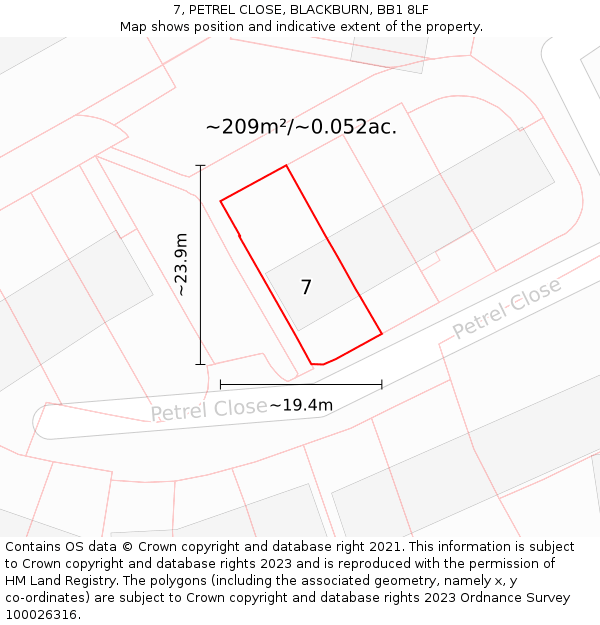 7, PETREL CLOSE, BLACKBURN, BB1 8LF: Plot and title map