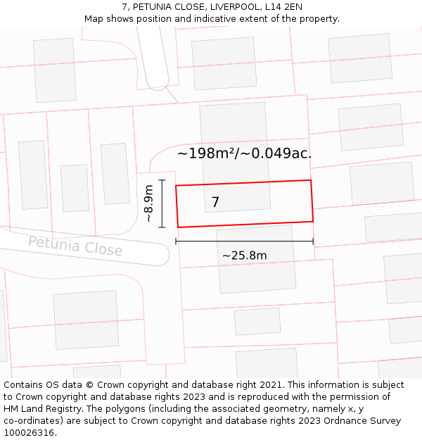 7, PETUNIA CLOSE, LIVERPOOL, L14 2EN: Plot and title map