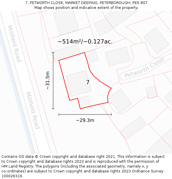 7, PETWORTH CLOSE, MARKET DEEPING, PETERBOROUGH, PE6 8ST: Plot and title map