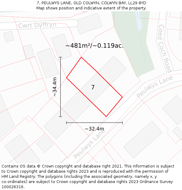 7, PEULWYS LANE, OLD COLWYN, COLWYN BAY, LL29 8YD: Plot and title map