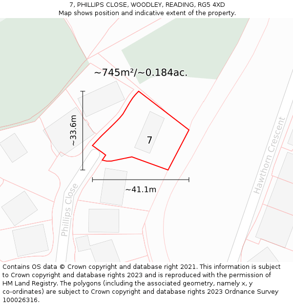 7, PHILLIPS CLOSE, WOODLEY, READING, RG5 4XD: Plot and title map