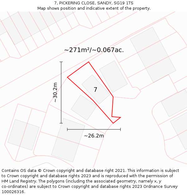 7, PICKERING CLOSE, SANDY, SG19 1TS: Plot and title map